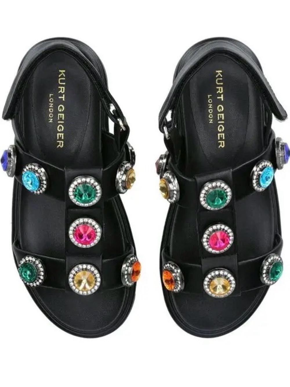 Kurt Geiger London Mini Orson Black Leather Multi-Color Gemstones Sandals Size 2